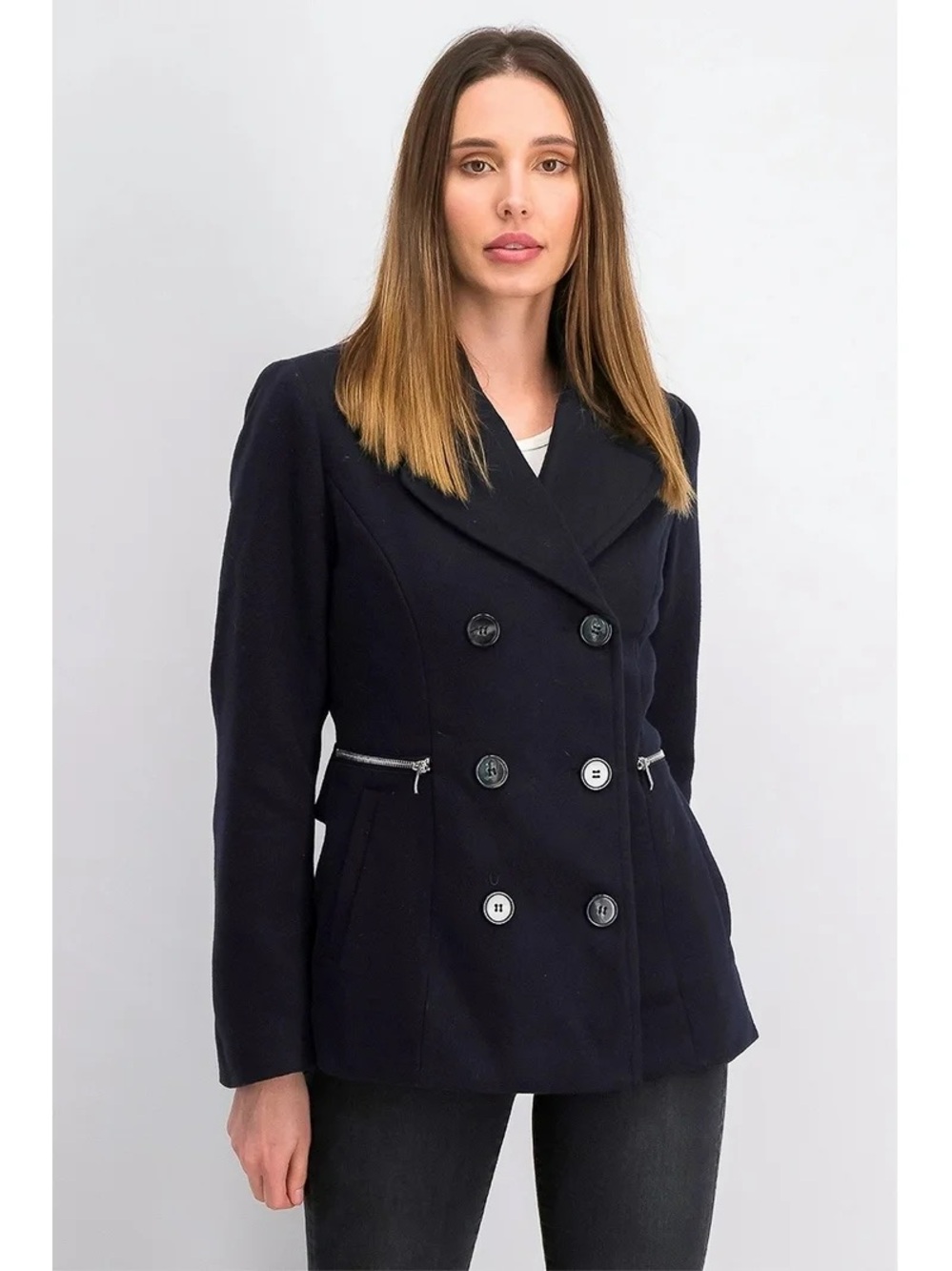 NWT Maralyn & Me Navy Double-Breasted Peacoat with Zip Pockets Size M